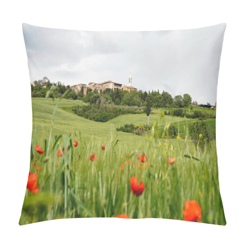 Personality  View Of Beautiful Renaissance Town Of Pienza In Spring Tuscany Landscape With Green Fields And Red Poppies In The Foreground. Pienza, Tuscany, Italy Pillow Covers