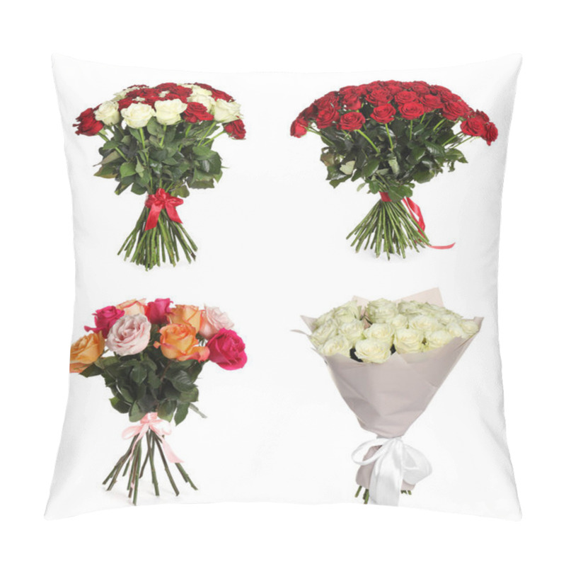 Personality  Set Of Beautiful Rose Bouquets On White Background Pillow Covers