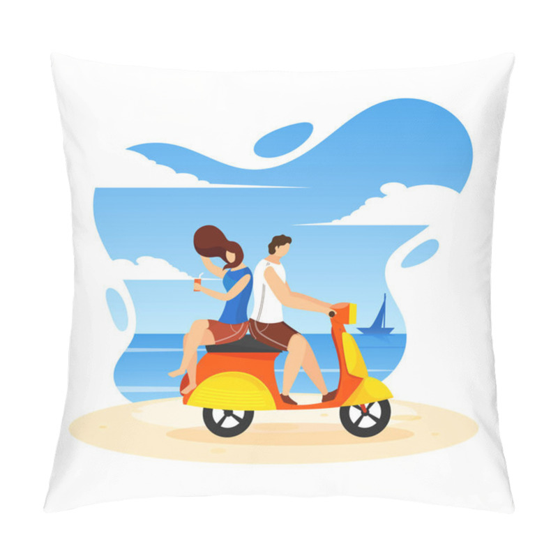 Personality  Young Couple Riding Scooter On Beach Background. Can Be Used As  Pillow Covers