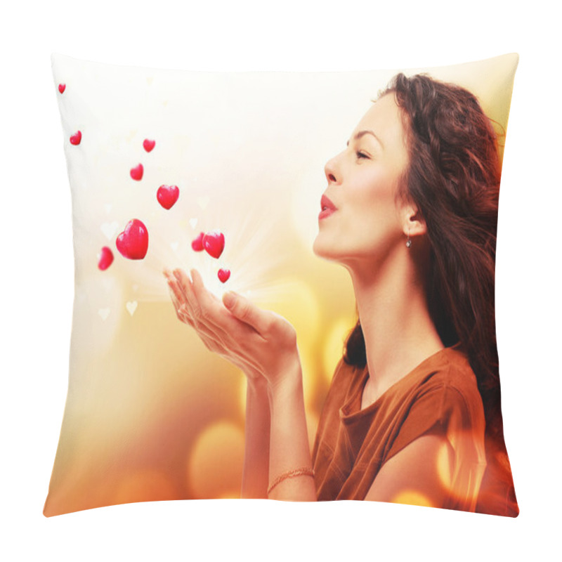 Personality  Woman Blowing Hearts From Her Hands. St. Valentines Day Concept Pillow Covers