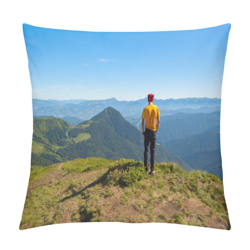 Personality  Resting Hiker Looking Into The Distance From The Top Of The Moun Pillow Covers