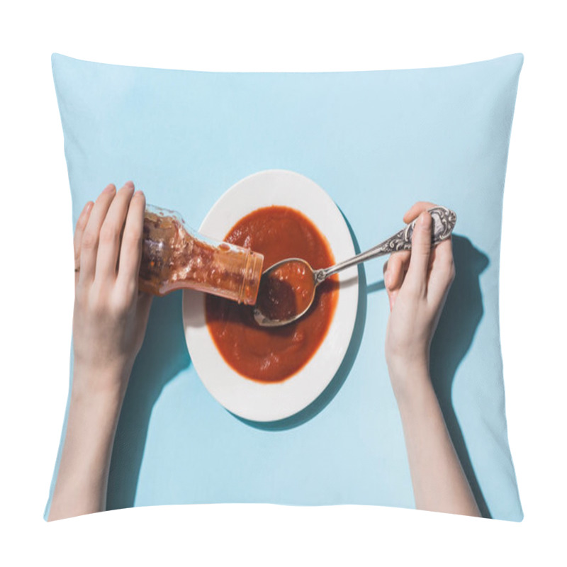 Personality  Cropped View Of Woman Pouring Ketchup From Bottle On Plate On Blue Background Pillow Covers