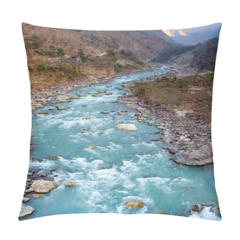 Personality  Nature River Flowing From Mountain Along Pooh Hill Trekking Route With Nature Forest Environment At Nepal. Pillow Covers