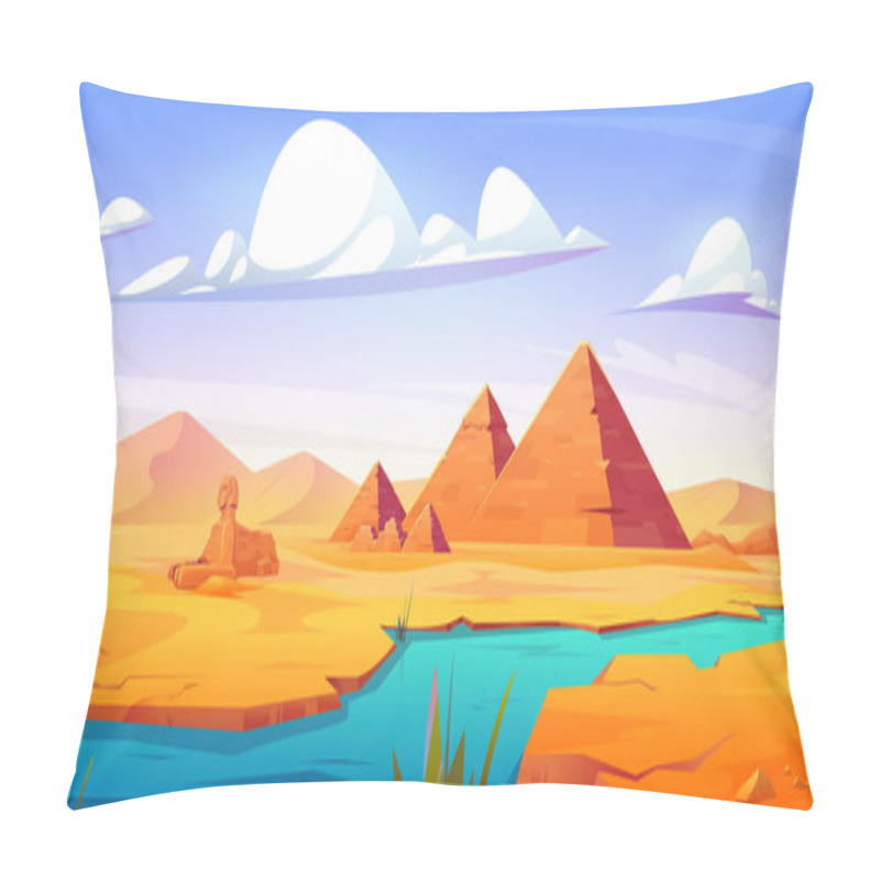 Personality  Egyptian Desert With Ancient Pyramids And Antique Sphinx Statue On Bank Of Nile River. Vector Cartoon Illustration Of Sandy Valley Landscape With Dunes, Blue Water, Pharaoh Tombs And Morning Skyline Pillow Covers