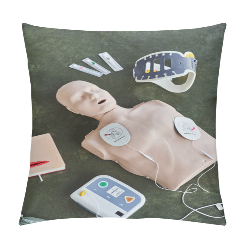 Personality  Top View Of CPR Manikin, Automated External Defibrillator, Wound Care Simulator, Neck Brace And Syringes, Medical Equipment For First Aid Training And Skills Development Pillow Covers