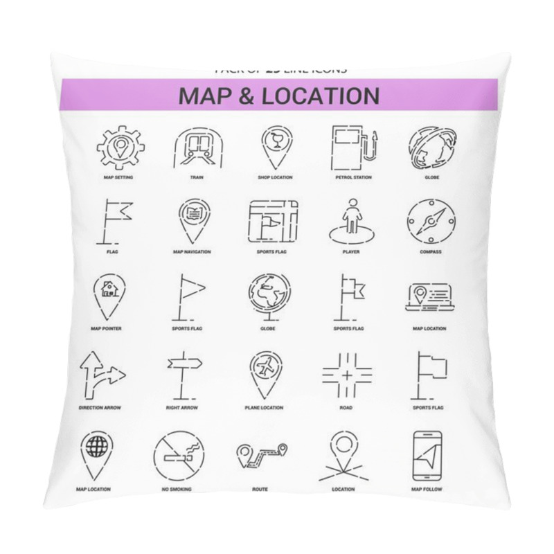 Personality  Map And Location Line Icon Set - 25 Dashed Outline Style Pillow Covers