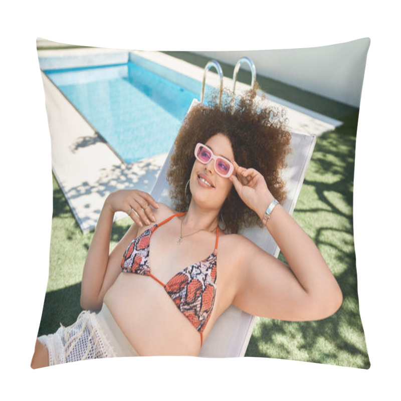 Personality  A Beautiful Woman With Curly Hair Relaxes On A Lounge Chair By The Pool, Soaking Up The Sun In A Stylish Bikini. Pillow Covers