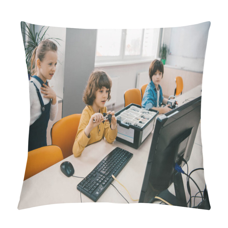 Personality  Concentrated Children Programming Robots At Class, Stem Education Concept Pillow Covers