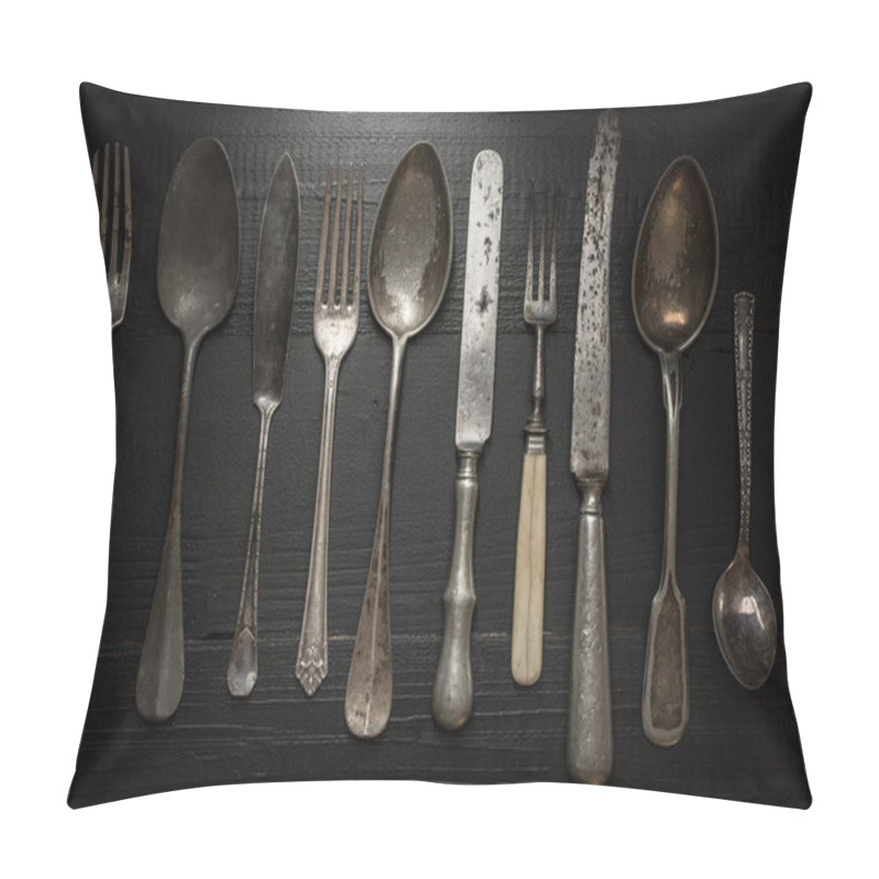 Personality  Old Rustic Cutlery On Dark Wooden Background. Kitchen And Food Concept. Pillow Covers