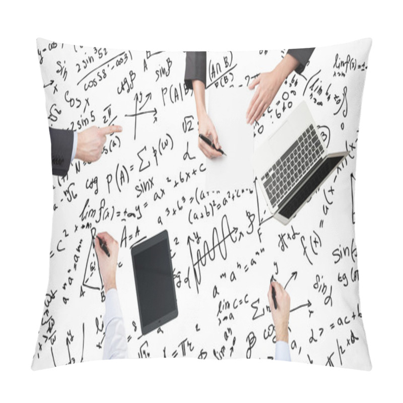 Personality  A Top View Of A Brainstorm Process. Colleagues Are Solving Math Problems. Laptop, Tablet And Math Formulas Are Drawn Over The Surface On The Table. Pillow Covers