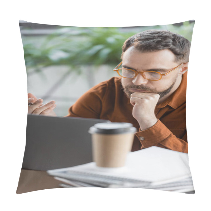 Personality  Tired And Thoughtful Businessman In Stylish Eyeglasses Sitting Near Laptop On Carton Box, Pile Of Notebooks And Coffee To Go While Solving Problem On Blurred Foreground In Office Pillow Covers