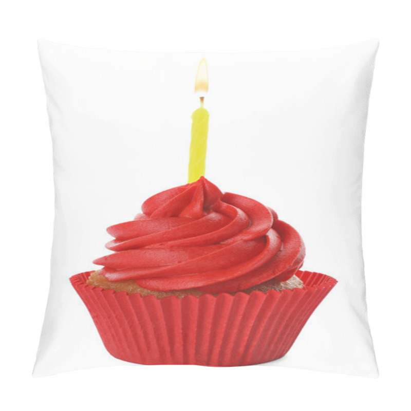 Personality  Delicious Birthday Cupcake With Candle And Red Cream Isolated On Pillow Covers