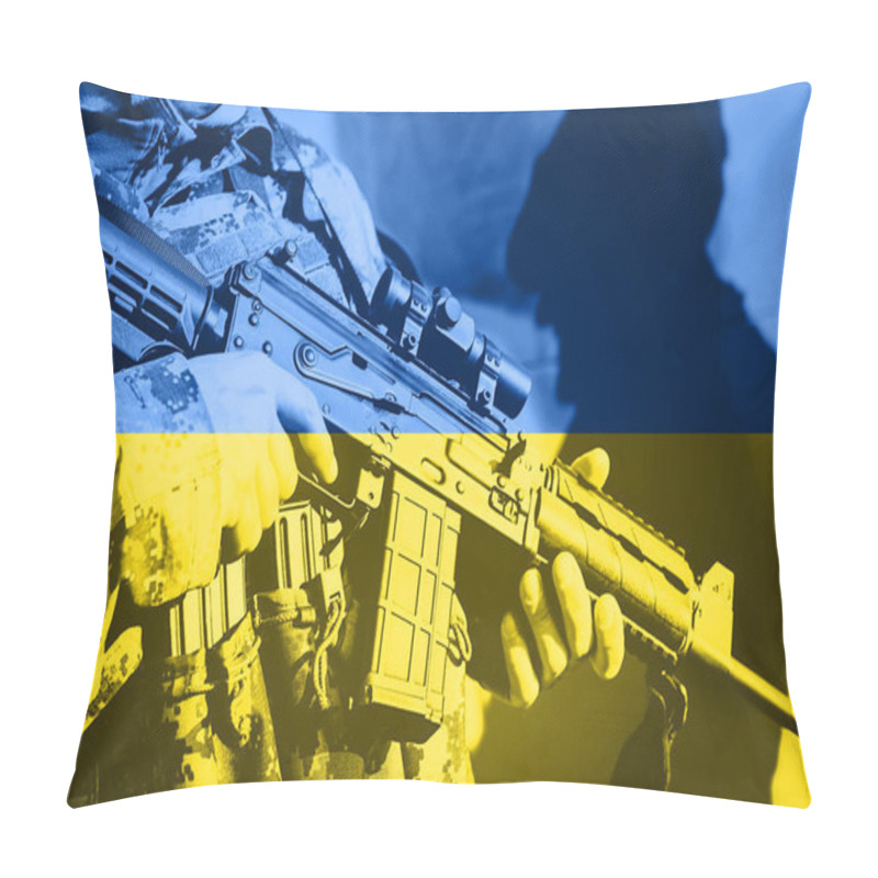 Personality  Soldier With Machine Gun With National Flag Of Ukraine  Pillow Covers