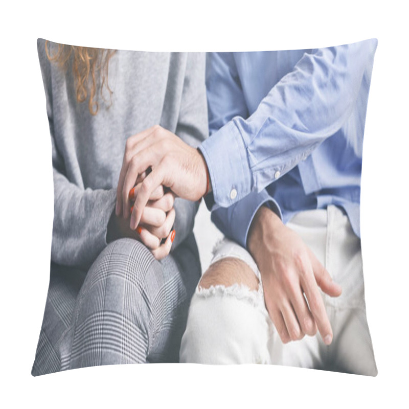 Personality  Man Holding Hand Of Stressed Woman At Rehab Meeting Pillow Covers