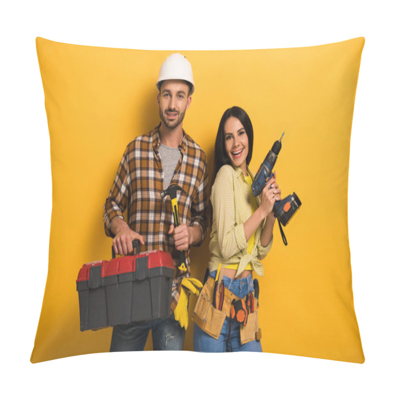 Personality  Smiling Manual Workers Holding Toolbox And Electric Drill On Yellow    Pillow Covers