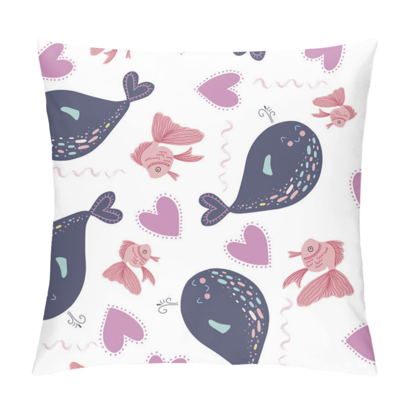 Personality  Vector Seamless Pattern On The Marine Theme With The Image Of Cute Whales, Hearts And Fish On A White Background Pillow Covers