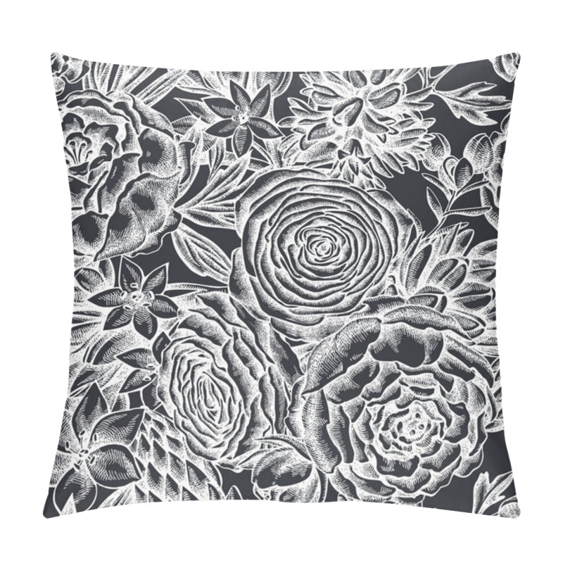 Personality  Seamless Pattern With Hand Drawn Chalk Peony, Ranunculus, Wax Flower, Ornithogalum, Hyacinth Pillow Covers