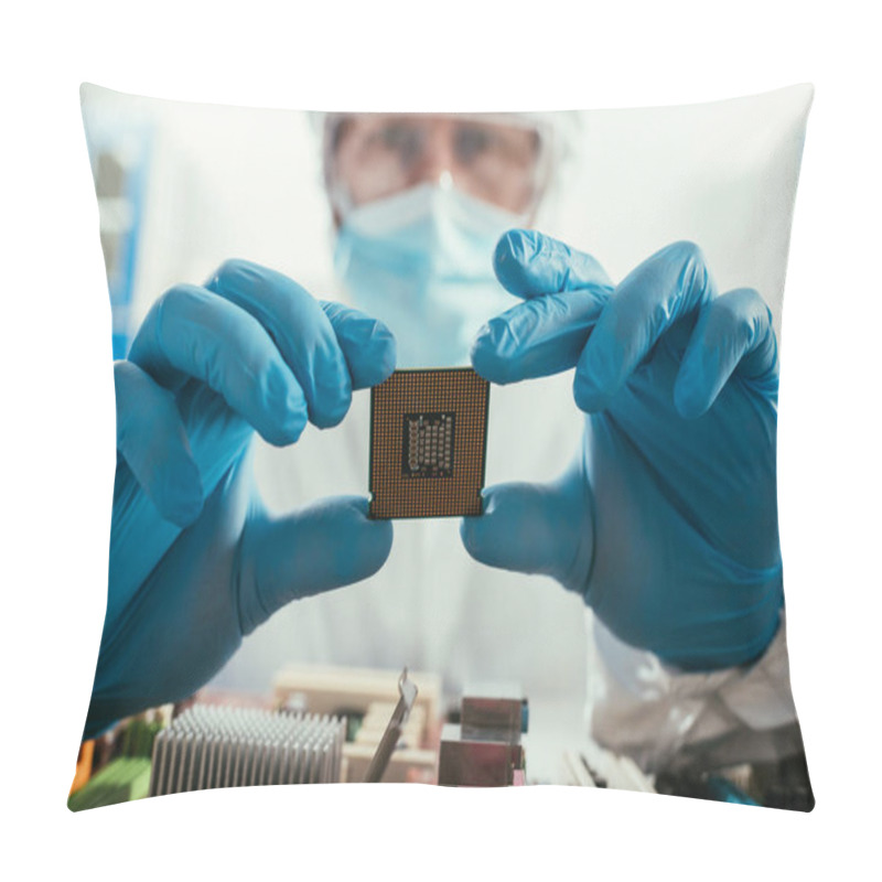 Personality  Selective Focus Of Engineer Holding Microchip Near Computer Motherboard Pillow Covers