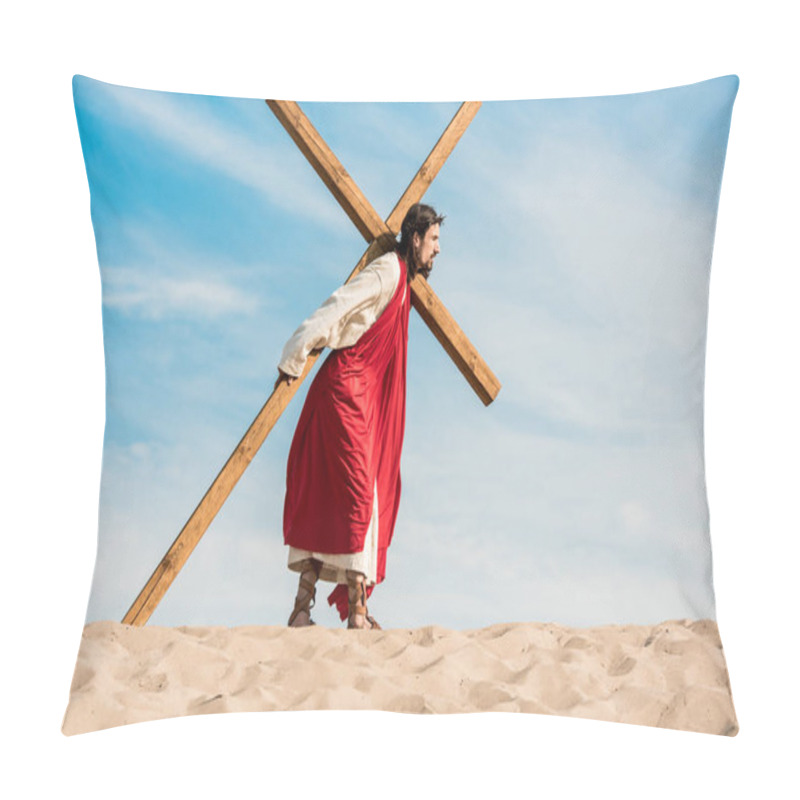 Personality  Bearded Man In Wreath Walking With Cross In Desert  Pillow Covers