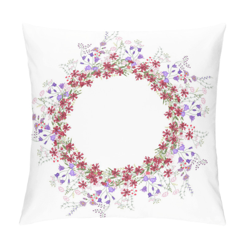 Personality  Detailed Contour Wreath With Bluebells, Carnations And Wild Flowers Isolated On White. Round Frame For Your Design Pillow Covers