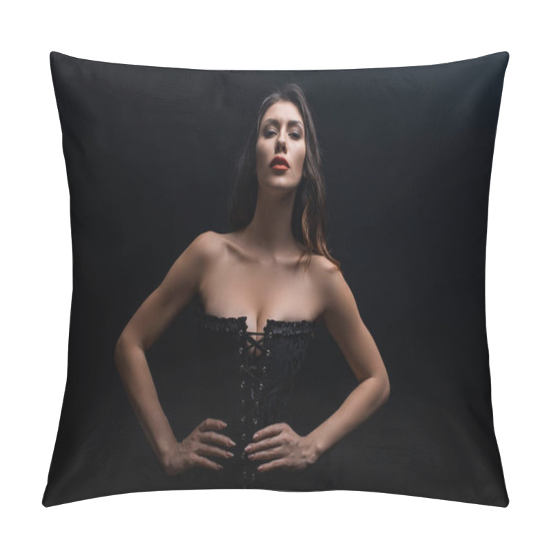 Personality  Beautiful Woman In Corset With Hands On Hips Looking At Camera Isolated On Black Pillow Covers