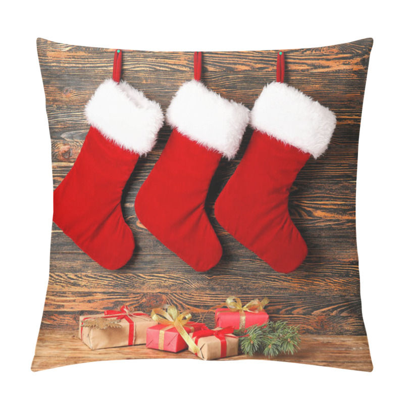 Personality  Christmas Socks With Gifts On Wooden Background Pillow Covers