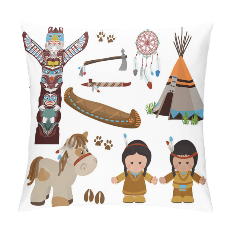 Personality  Indian Symbols Set, Cartoon Characters Of American Indians Pillow Covers