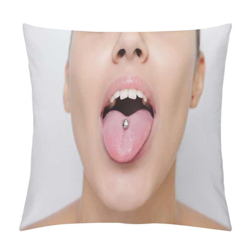 Personality  Beautiful Woman Sticking Out Her Tongue And Showing Young Piercing Pillow Covers