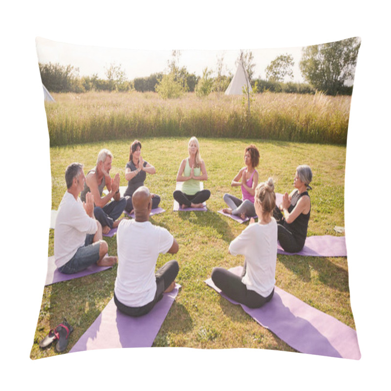 Personality  Group Of Mature Men And Women In Class At Outdoor Yoga Retreat Sitting Circle Meditating Pillow Covers