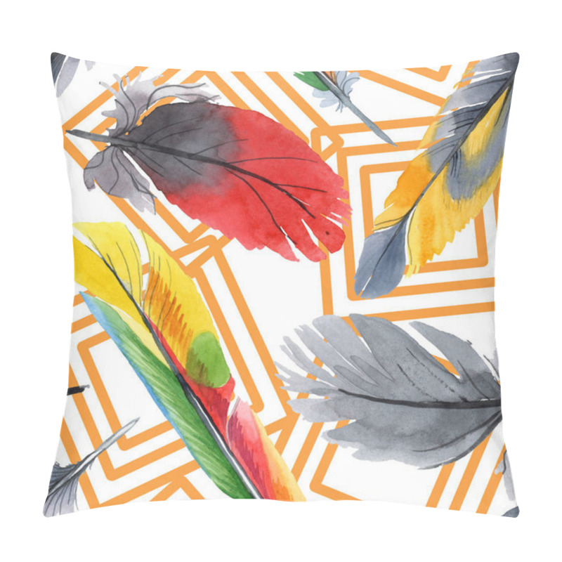 Personality  Colorful Bird Feather From Wing Isolated. Watercolour Drawing Fashion Aquarelle. Fabric Wallpaper Print Texture. Pillow Covers