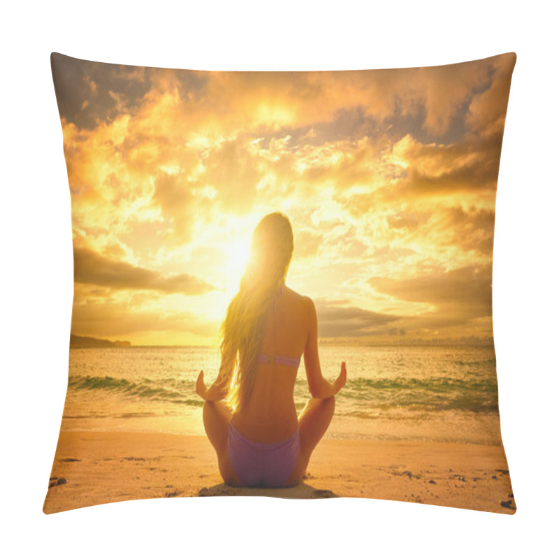 Personality  Young Woman Relaxing In Lotus Position During A Beautiful Sunset Pillow Covers