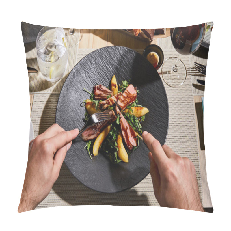 Personality  Cropped View Of Man Eating Delicious Warm Salad With Meat In Restaurant  Pillow Covers