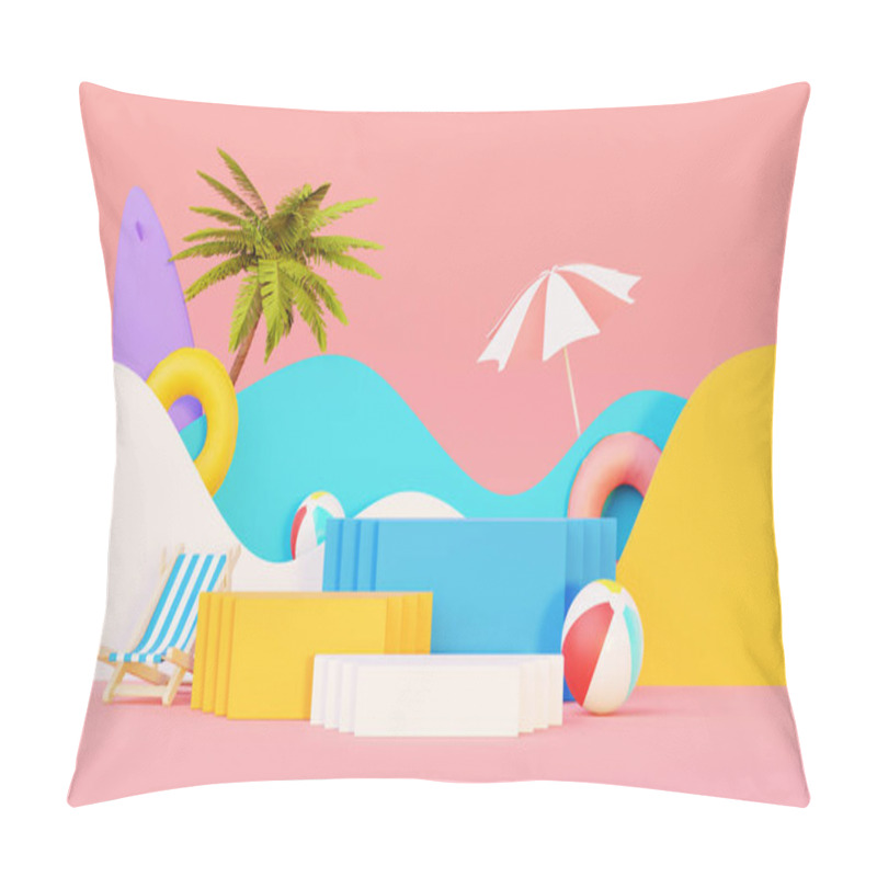 Personality  Summer Vacation Beach Abstract Background Concept, Minimal Realistic Display Podium For Product Mock-up Or Cosmetics With Summer Theme, Beach Umbrella, Sand, Chairs, Inflatable Ring. 3d Rendering Pillow Covers