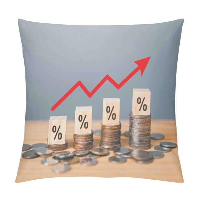 Personality  Inflation Concept, Red Graph Arrow, Percent Sign On A Wooden Cube With Row Of Coins In Idea For Interest Rate Hike, World Economics, And Inflation Control. Pillow Covers