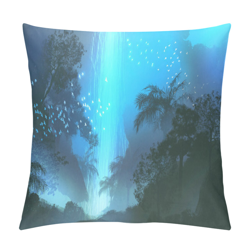 Personality  Night Scenery Showing Blue Waterfall In Forest Pillow Covers