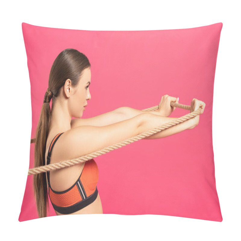 Personality  Side View Of Young Sportswoman Pulling Rope Isolated On Pink  Pillow Covers