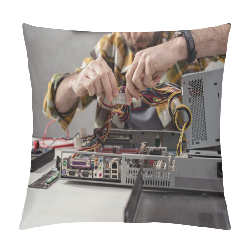 Personality  Cropped Image Of Man Fixing Computer Part    Pillow Covers