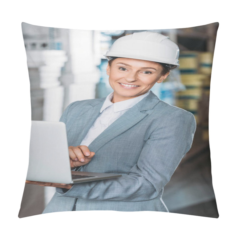 Personality  Female Inspector In Helmet With Laptop In Warehouse Pillow Covers