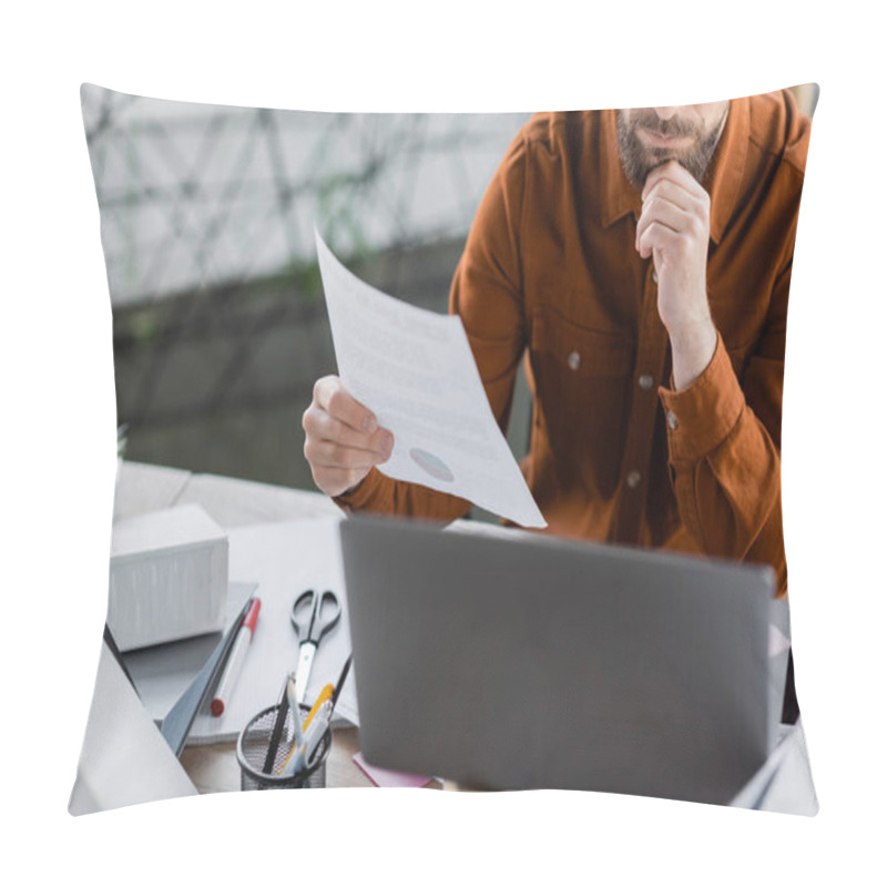 Personality  Cropped View Of Thoughtful And Busy Businessman Holding Document Near Laptop, Folders, Scissors, Marker And Pen Holder With Pens While Working At Workplace In Office Pillow Covers