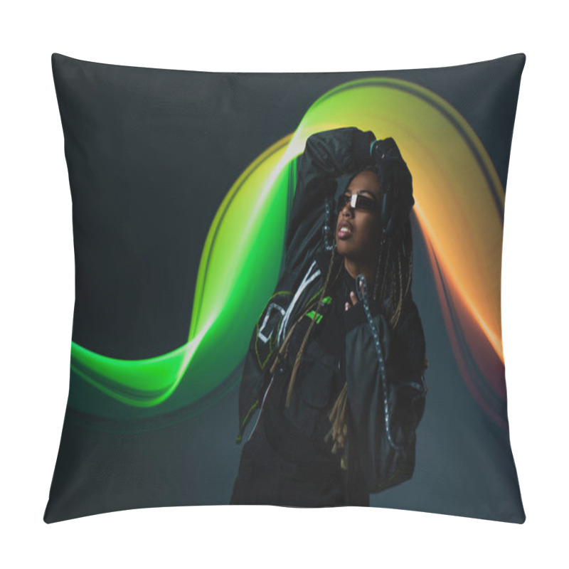 Personality  Stylish African American Woman In Smart Glasses Standing On Grey Background With Abstraction  Pillow Covers