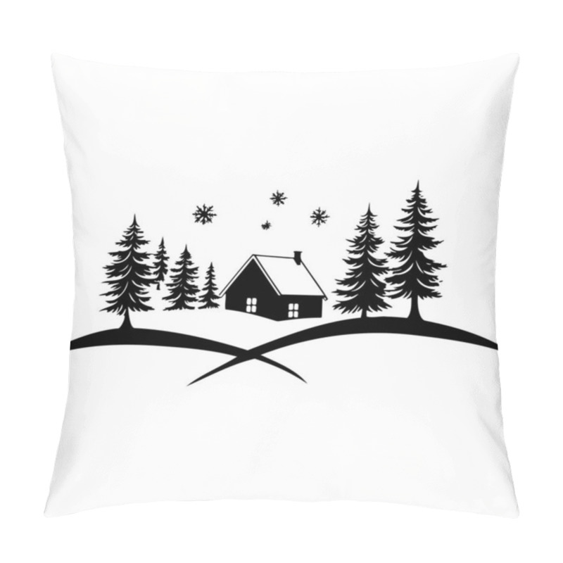 Personality  Snowy Winter Scene With A Cozy Cabin Surrounded By Tall Pine Trees And Falling Snowflakes. Pillow Covers