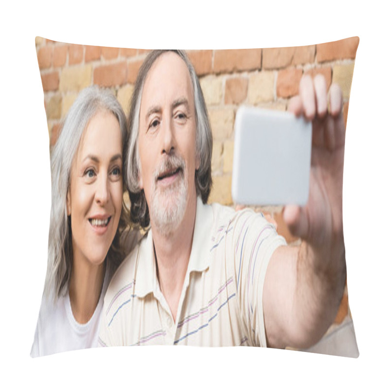 Personality  Panoramic Concept Of Happy Mature Man And Woman Taking Selfie On Smartphone  Pillow Covers