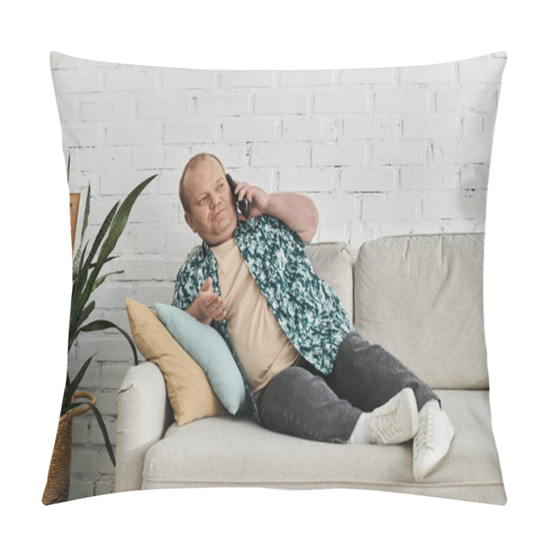 Personality  A Man With Inclusivity Relaxes On A Couch While Talking On The Phone. Pillow Covers