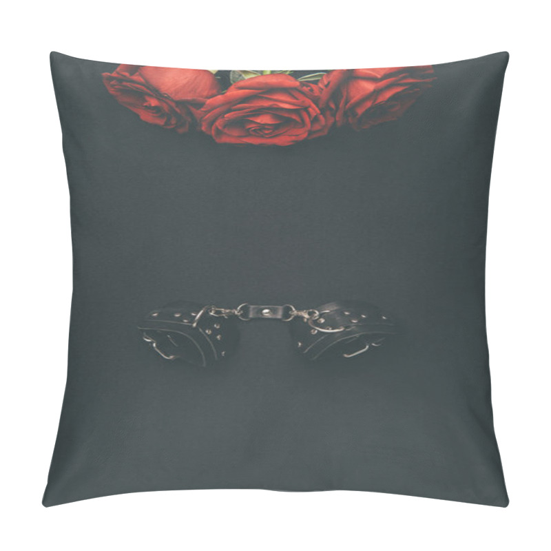 Personality  Leather Handcuffs With Rose Flowers Isolated On Black Pillow Covers