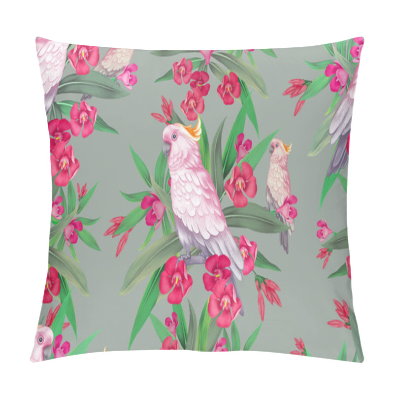 Personality  Flowers And Cockatoo. Seamless Pattern. Pillow Covers