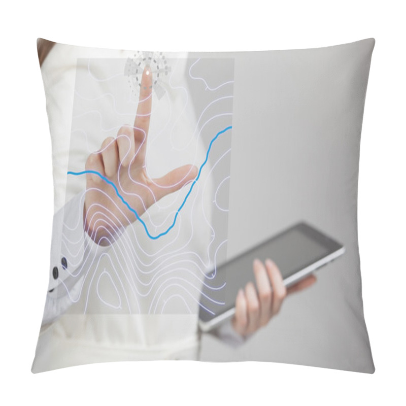 Personality  Geographic Information Systems Concept, Woman Scientist Working With Futuristic GIS Interface On A Transparent Screen. Pillow Covers