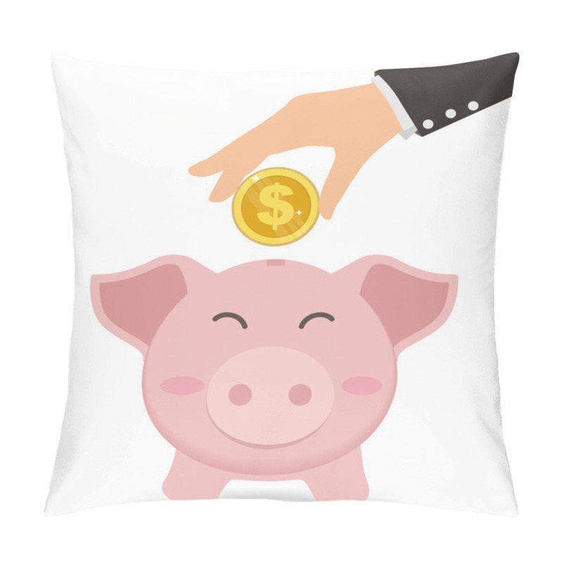 Personality  Business Hand Putting Gold Coin Into Cute Piggy Bank, Saving Concept Pillow Covers