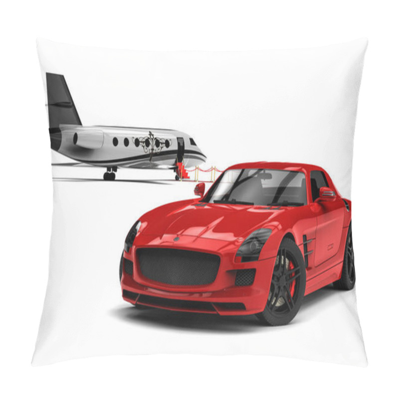 Personality  3D Render Image Representing An Red Carpet With A Private Jet And A Uxury Car / Red Carpet Private Jet With A Luxury Car Pillow Covers