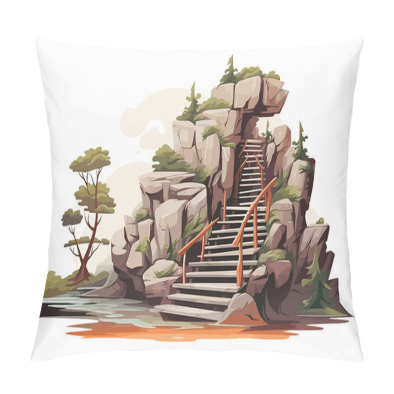 Personality  Stairs Made Of Rocks In Natural Landskape Vegetation Isolated Vector Style Illustration Pillow Covers