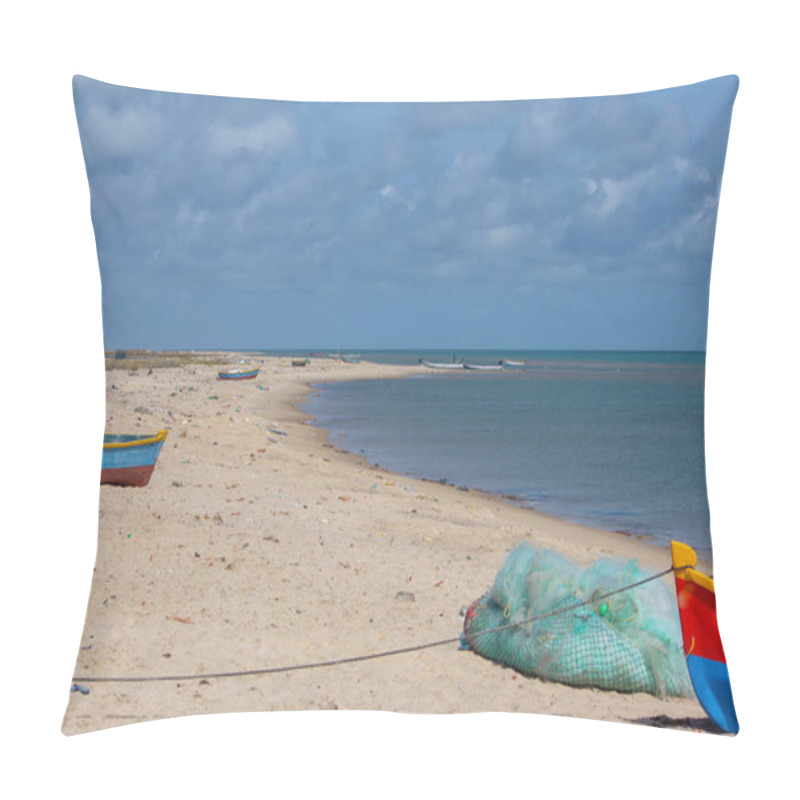 Personality  Fishing Boats On The Shore Of Dhanushkodi Beach Amidst The Backdrop Of A Picturesque And Tranquil Coastline Pillow Covers